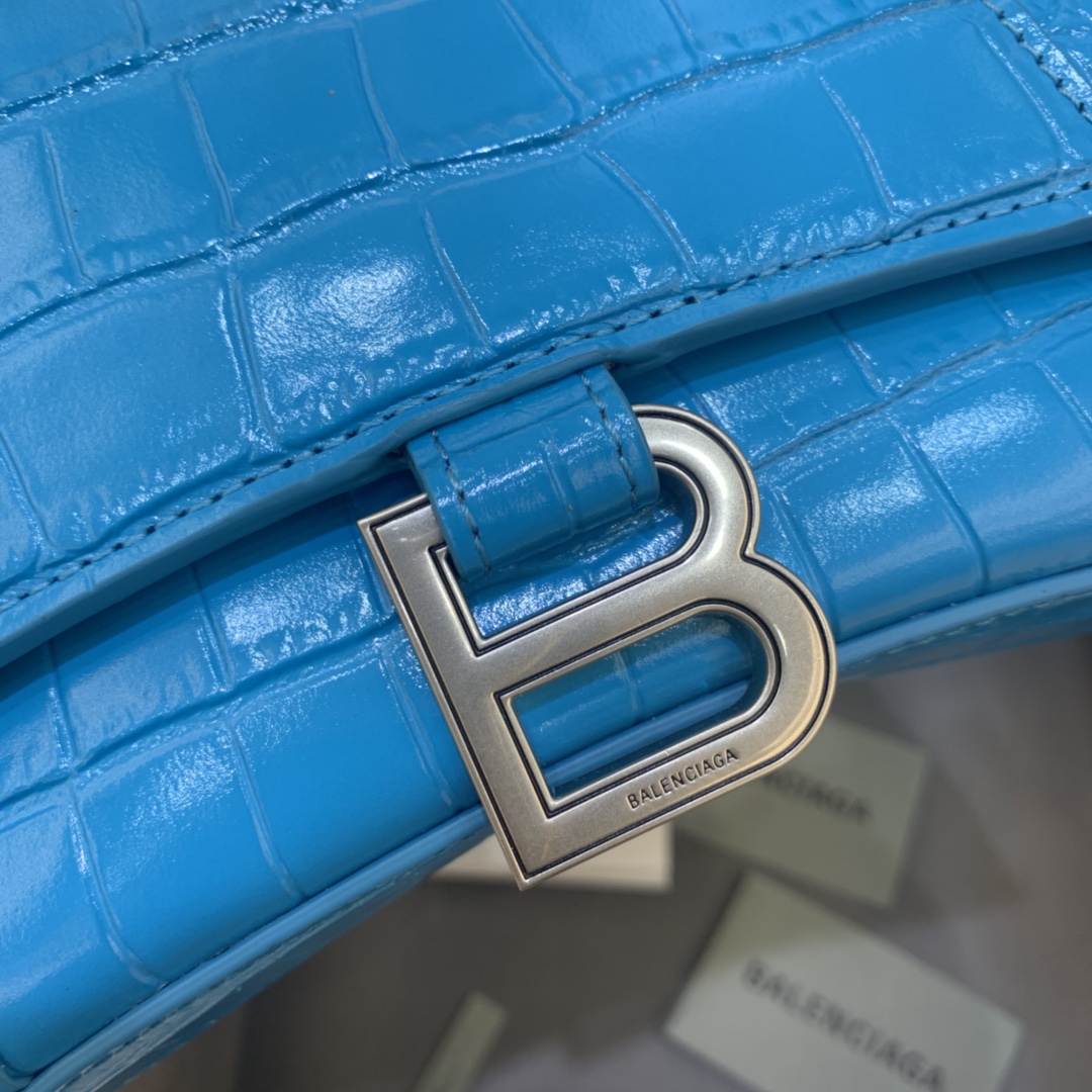 Balenciaga Hourglass Small Handbag Crocodile Embossed Shoulder Bag Light Blue